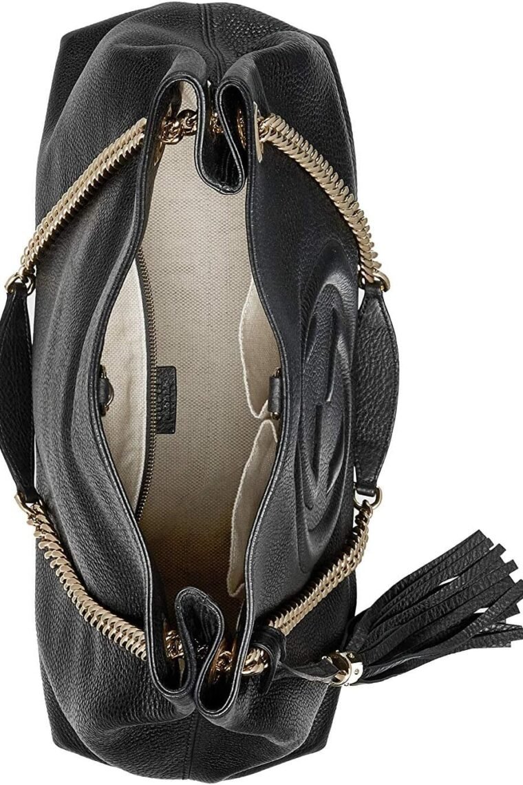 Gucci Soho Medium Black Double Leather Chain Shoulder Bag Tote Black Gold New - Image 3