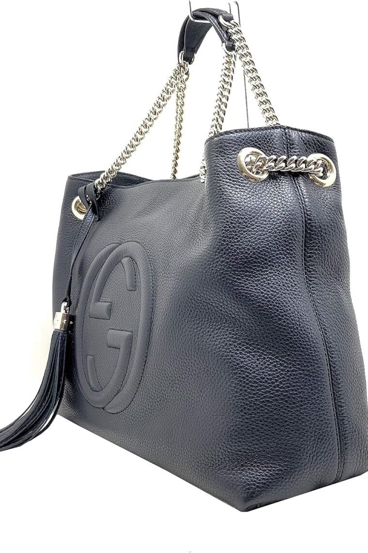 Gucci Soho Medium Black Double Leather Chain Shoulder Bag Tote Black Gold New - Image 5