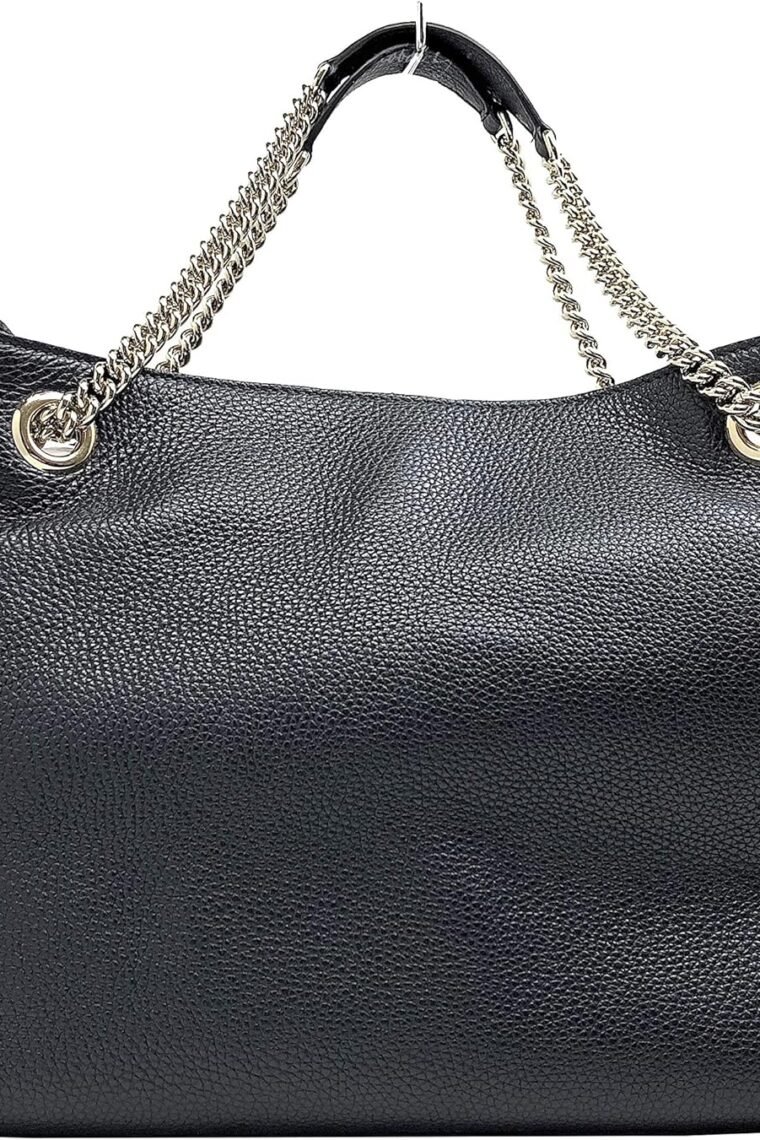 Gucci Soho Medium Black Double Leather Chain Shoulder Bag Tote Black Gold New - Image 6
