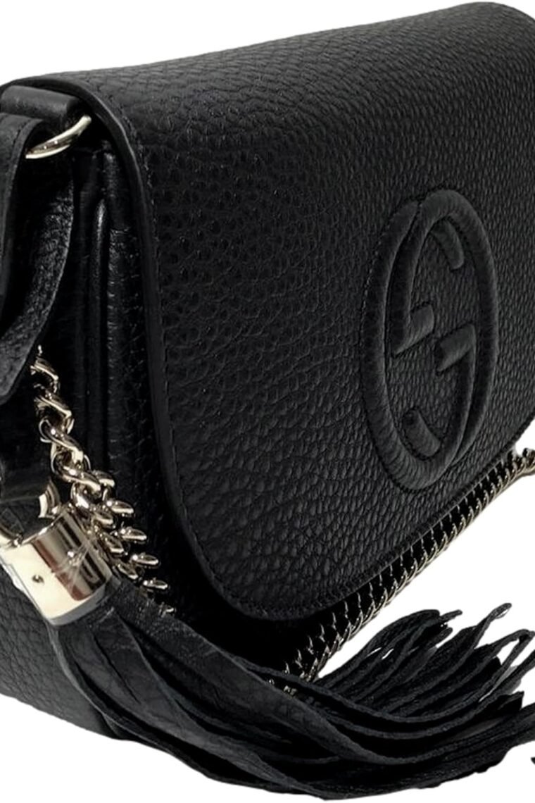 Gucci Soho Leather Flap Shoulder Bag Black Gold Tassel New Authentic - Image 4