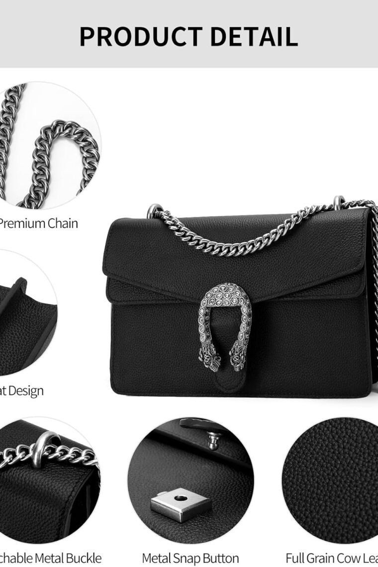 Genuine Leather Shoulder Bag for Women，Crossbody Bags for Women, Black Chain Purse Women's Evening Handbags with Chain Strap (Black) - Image 6