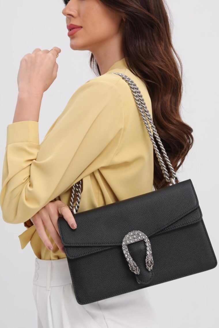 Genuine Leather Shoulder Bag for Women，Crossbody Bags for Women, Black Chain Purse Women's Evening Handbags with Chain Strap (Black) - Image 7