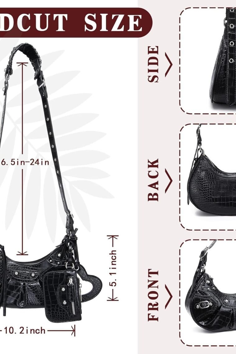 Shoulder Bag for Women Rivet Satchel Pleated Hobo Handbags Crocodile Effect Crescent Purse Crossbody Bags - Image 3