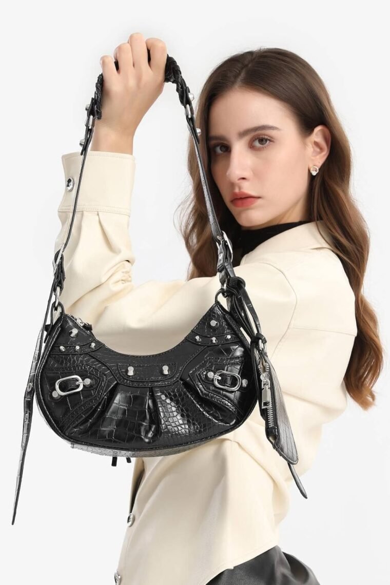 Shoulder Bag for Women Rivet Satchel Pleated Hobo Handbags Crocodile Effect Crescent Purse Crossbody Bags - Image 6