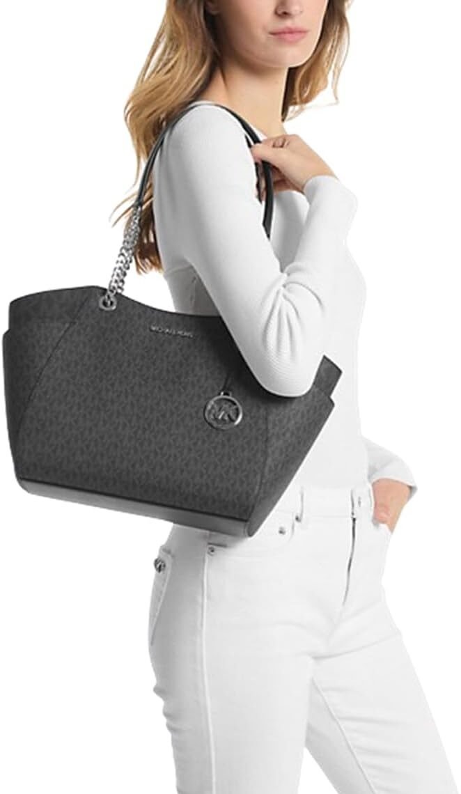 Michael Kors Jet Set Travel Large Chain Shoulder Tote (Black/Silver) - Image 2