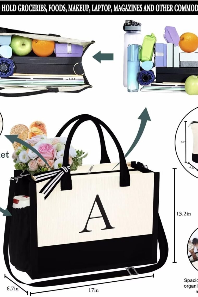 YOOLIFE Christmas Gifts for Women - Initial Canvas Tote Bag & Makeup Bag, Birthday Gifts for Women Her Mom Teacher Friend - Image 4