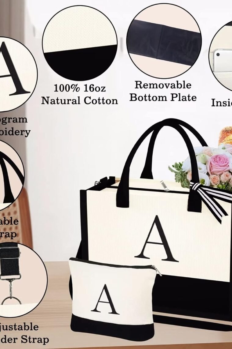 YOOLIFE Christmas Gifts for Women - Initial Canvas Tote Bag & Makeup Bag, Birthday Gifts for Women Her Mom Teacher Friend - Image 5