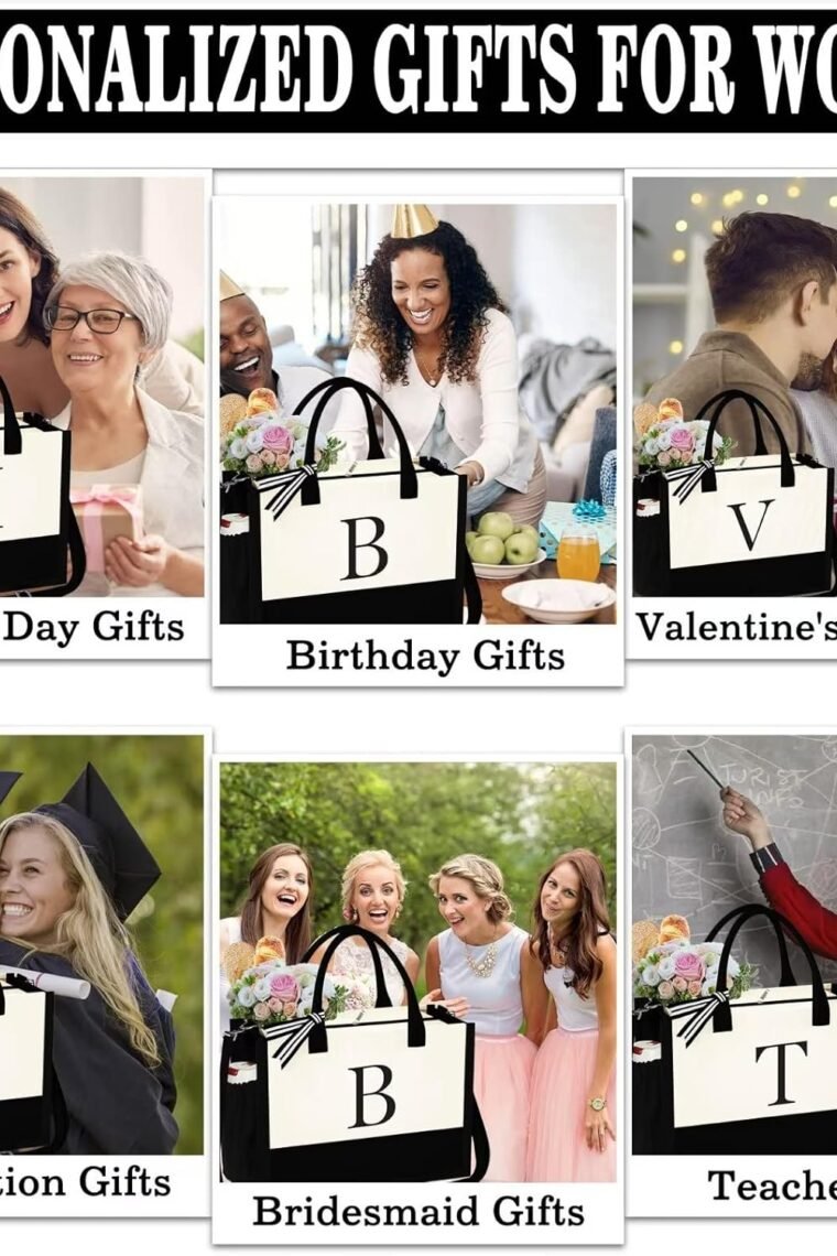 YOOLIFE Christmas Gifts for Women - Initial Canvas Tote Bag & Makeup Bag, Birthday Gifts for Women Her Mom Teacher Friend - Image 6