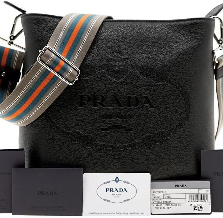 Prada Womens Black Leather Stripe Strap Bucket Bag 1BE057 - Image 5