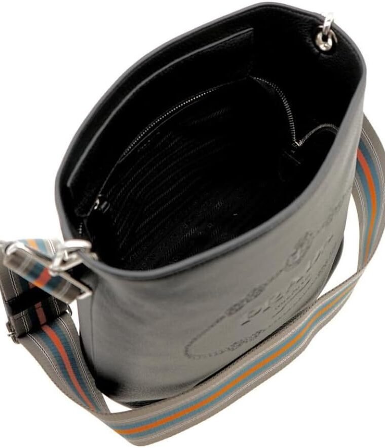 Prada Womens Black Leather Stripe Strap Bucket Bag 1BE057 - Image 6