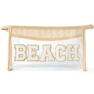 Boho Patch Cosmetic Bag - Christmas BEACH Chenille Varsity Letter Toiletry Bag Beige Clear Waterproof Travel Makeup Bag PVC Zipper Clutch Daily Use Purse Christmas Gifts for Women Girls