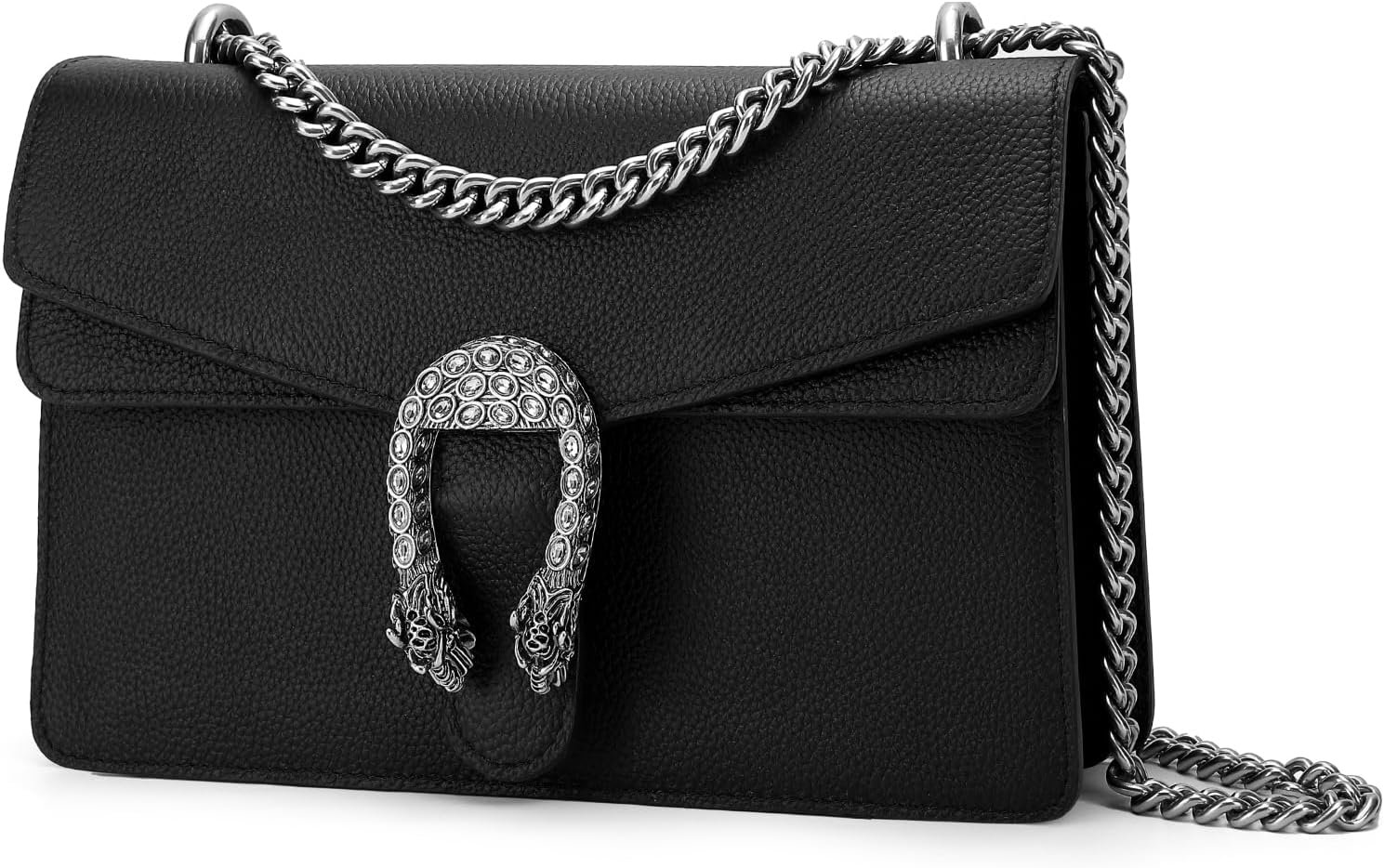 Genuine Leather Shoulder Bag for Women，Crossbody Bags for Women, Black Chain Purse Women's Evening Handbags with Chain Strap (Black)