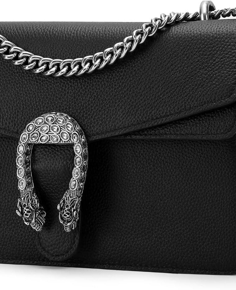 Genuine Leather Shoulder Bag for Women，Crossbody Bags for Women, Black Chain Purse Women's Evening Handbags with Chain Strap (Black)