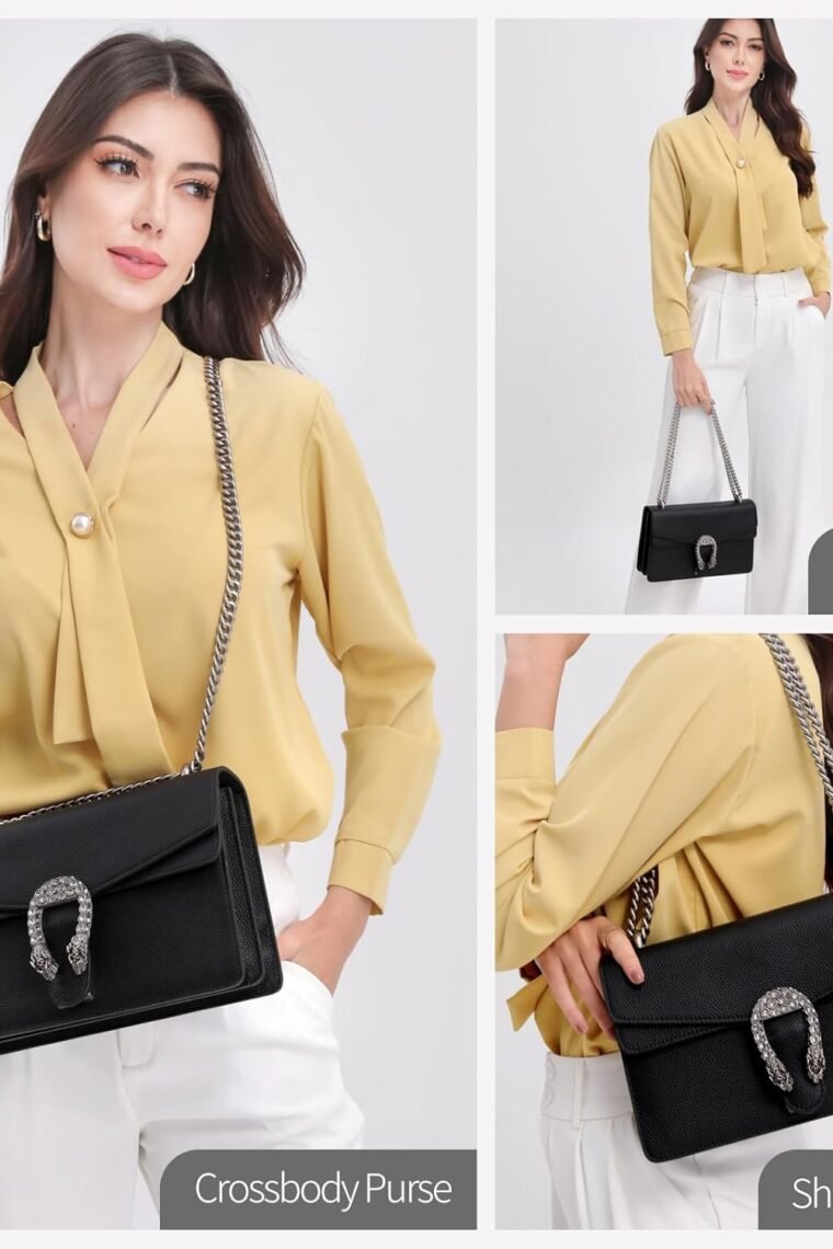 Genuine Leather Shoulder Bag for Women，Crossbody Bags for Women, Black Chain Purse Women's Evening Handbags with Chain Strap (Black) - Image 2