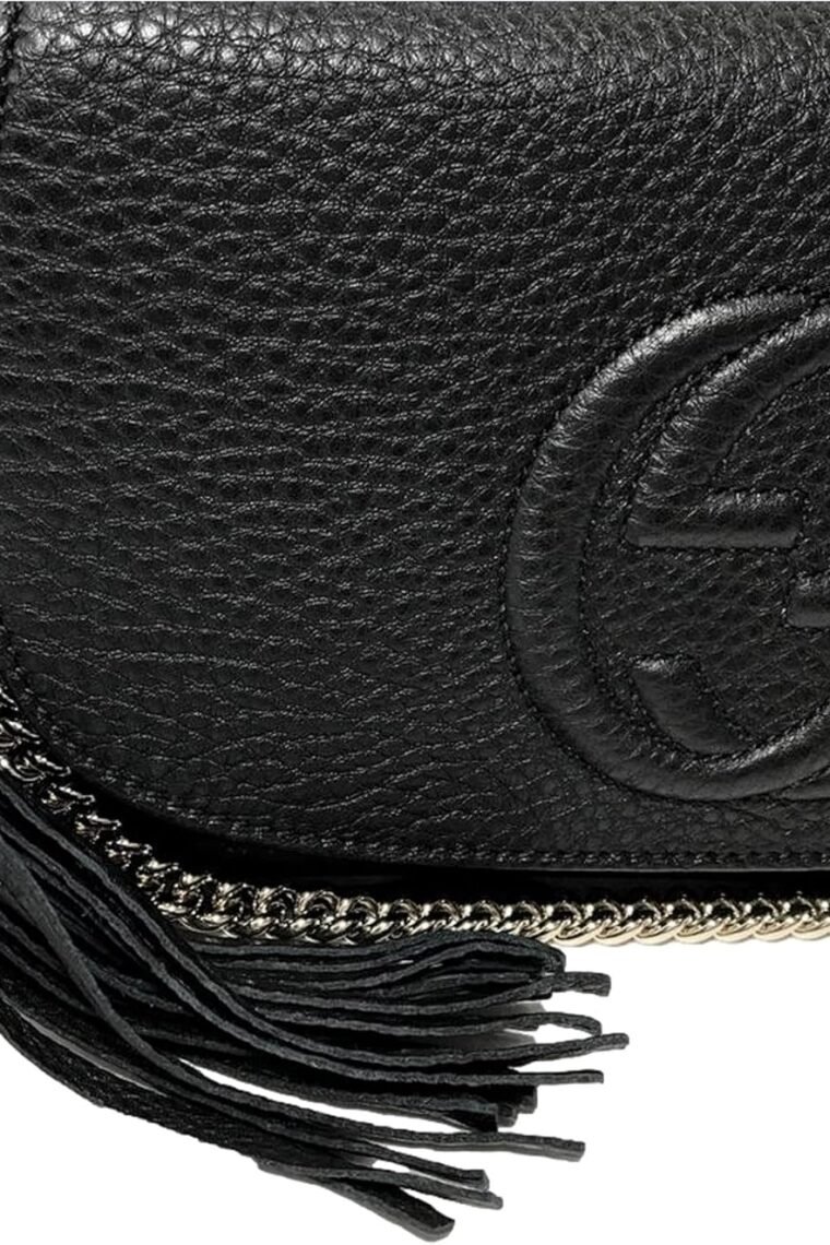 Gucci Soho Leather Flap Shoulder Bag Black Gold Tassel New Authentic - Image 2