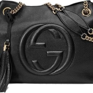 Gucci Soho Medium Black Double Leather Chain Shoulder Bag Tote Black Gold New