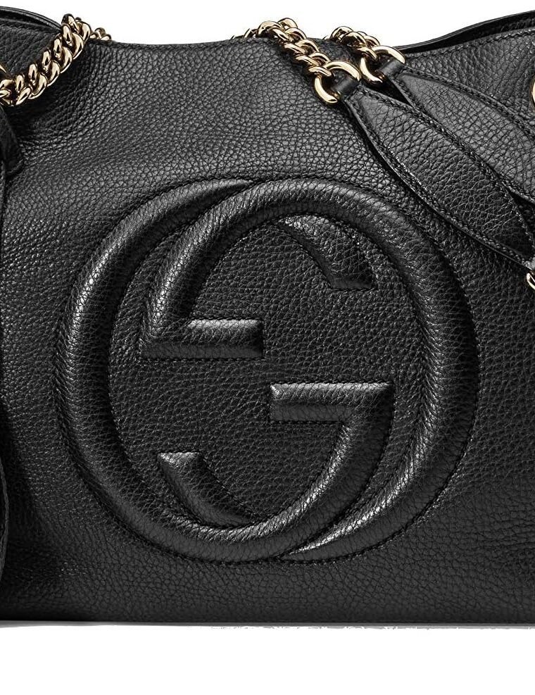 Gucci Soho Medium Black Double Leather Chain Shoulder Bag Tote Black Gold New