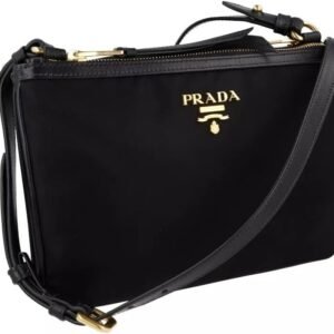 Prada Bandoliera Tessuto Nylon Soft Calf Trim Black Crossbody Bag 1BH046