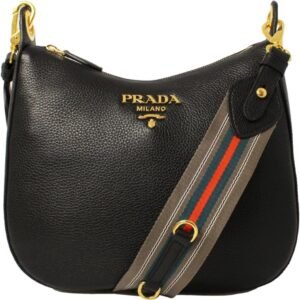 Prada Black Vitello Phenix Leather Web Stripe Strap Crossbody 1BC166