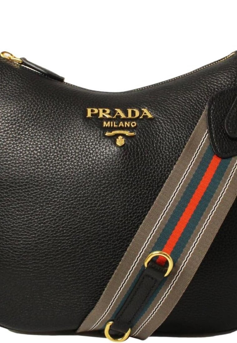 Prada Black Vitello Phenix Leather Web Stripe Strap Crossbody 1BC166