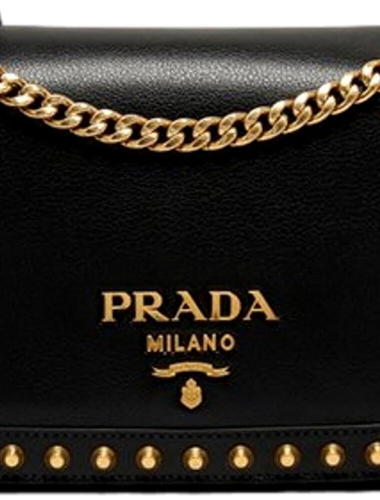 Prada Blue Black Glace Leather Studded Trim Crossbody Handbag 1BD147