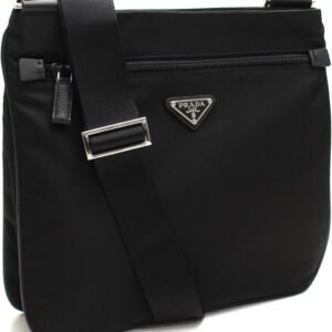 Prada Midnight Black Tessuto Nylon & Saffian Leather Designer Crossbody Messenger Travel Bag for Women and for Men 2VH563