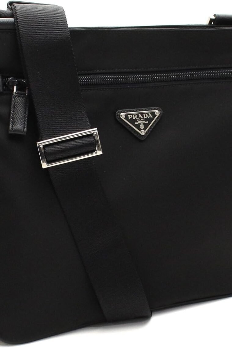 Prada Midnight Black Tessuto Nylon & Saffian Leather Designer Crossbody Messenger Travel Bag for Women and for Men 2VH563