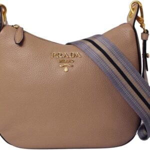 Prada Vitello Daino Tan Leather Shoulder Handbag with Silver and Blue Nylon Web Striped Strap 1BC052