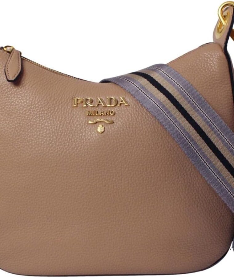 Prada Vitello Daino Tan Leather Shoulder Handbag with Silver and Blue Nylon Web Striped Strap 1BC052