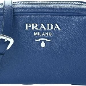 Prada Vitello Phenix Blue Leather Silver Logo Small Camera Crossbody Bag