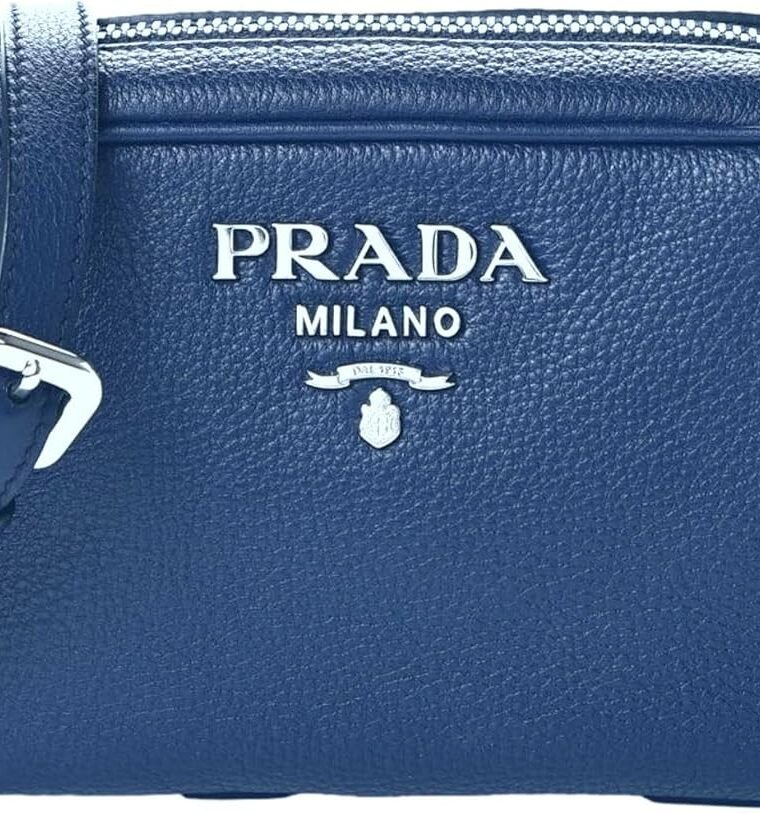 Prada Vitello Phenix Blue Leather Silver Logo Small Camera Crossbody Bag