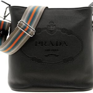 Prada Womens Black Leather Stripe Strap Bucket Bag 1BE057