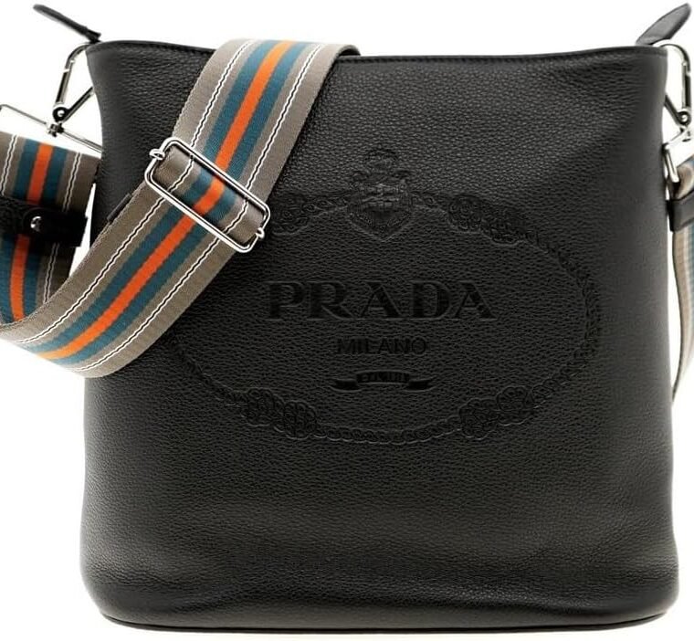 Prada Womens Black Leather Stripe Strap Bucket Bag 1BE057