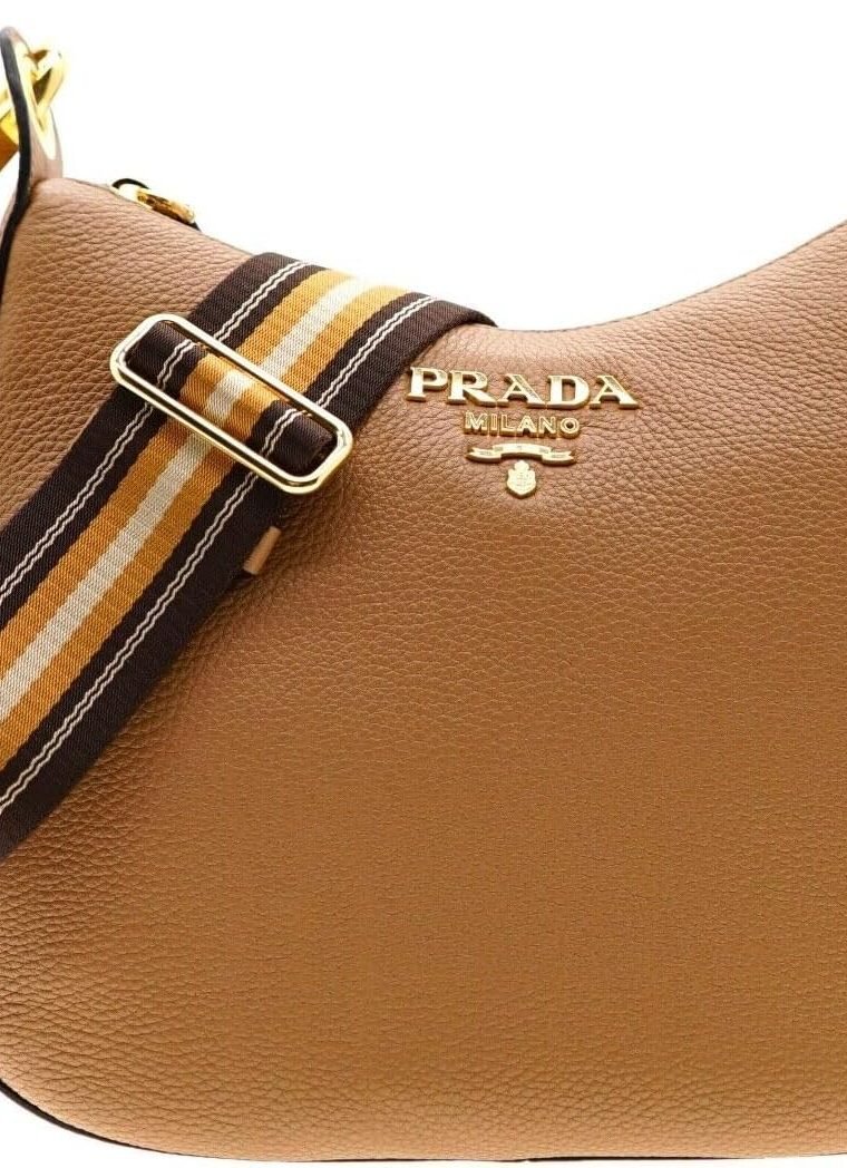 Prada Women's Tan Leather Medium Web Stripe Strap Crossbody Bag 1BC166