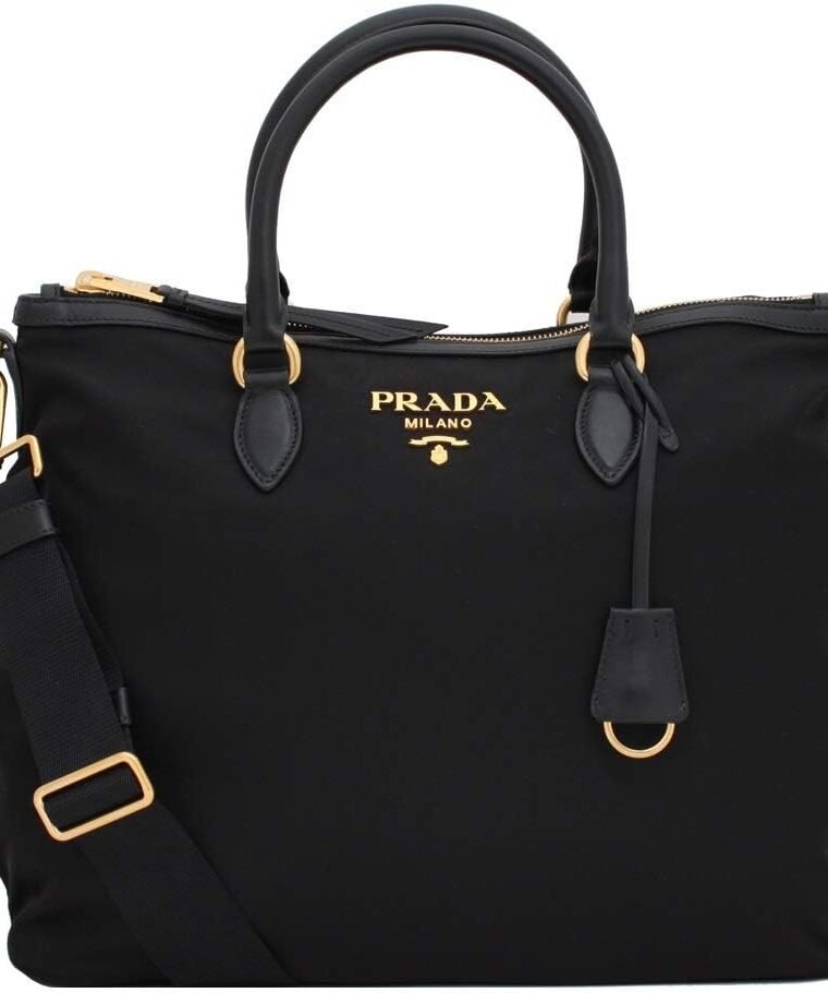 Prada Womens Two Way Black Tessuto Nylon Tote Crossbody Calf Leather Trim 1BC060