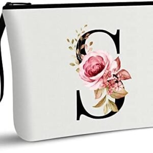 Vavabox A-Z Personalized Makeup Bag,Birthday Gifts for Women Mom,Gifts for Best Friend,Bride Bridesmaid Cosmetic bag (S, White)