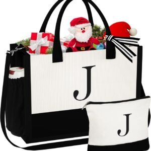 YOOLIFE Christmas Gifts for Women - Initial Canvas Tote Bag & Makeup Bag, Birthday Gifts for Women Her Mom Teacher Friend