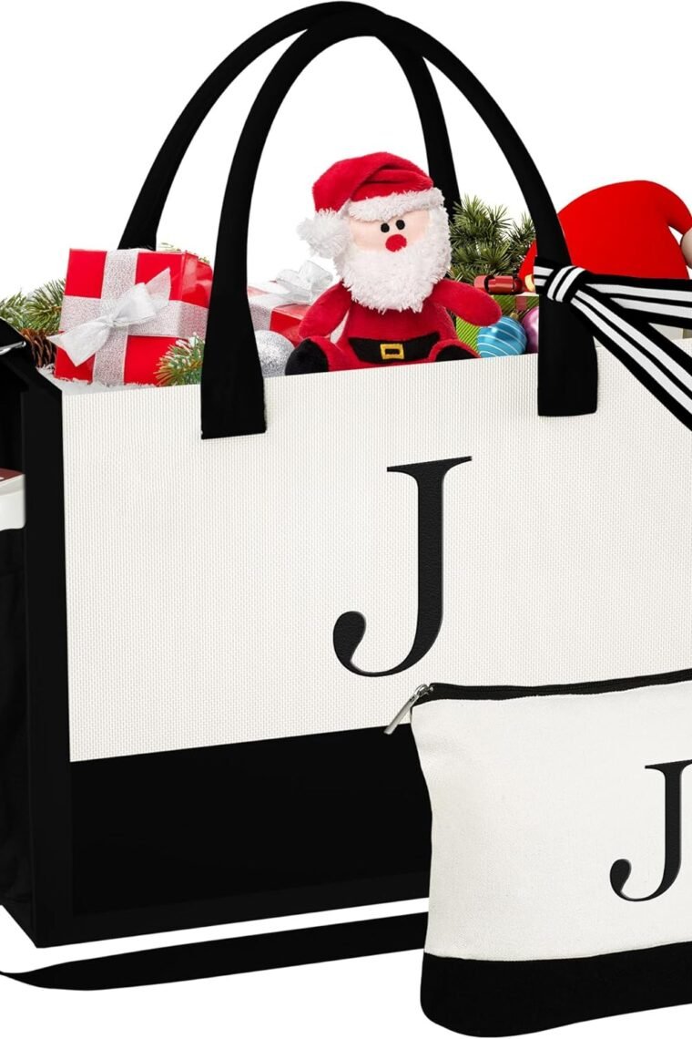 YOOLIFE Christmas Gifts for Women - Initial Canvas Tote Bag & Makeup Bag, Birthday Gifts for Women Her Mom Teacher Friend