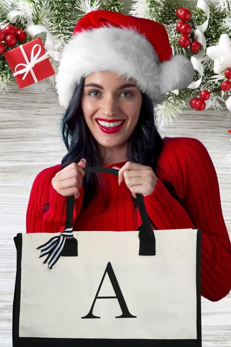 YOOLIFE Christmas Gifts for Women - Initial Canvas Tote Bag & Makeup Bag, Birthday Gifts for Women Her Mom Teacher Friend - Image 2