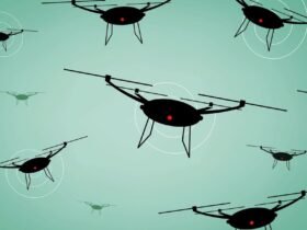 illustration showing a silhouetted swarm of drones with red eyes DARPA Project Reveals Humans Can Control Dozens of Robots