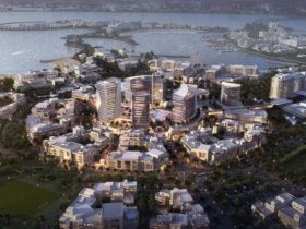 Aerial render of the town center of Al Marjan Island.