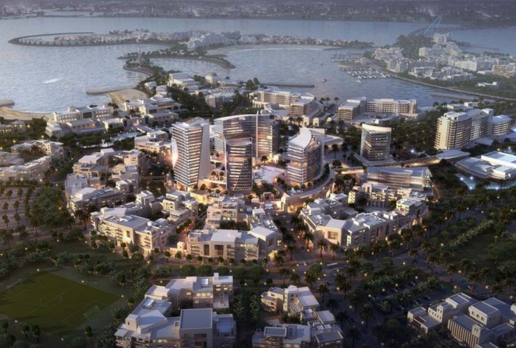 Aerial render of the town center of Al Marjan Island.