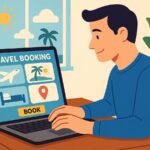 Man booking travel on a laptop.