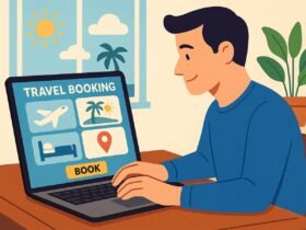 Man booking travel on a laptop.