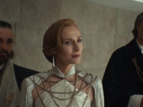 Perrin Fertha (Allistair Mackenzie), Mon Mothma (Genevieve O'Reilly) and Luthen Rael (Stellan Skarsgård) in Lucasfilm's ANDOR Season 2