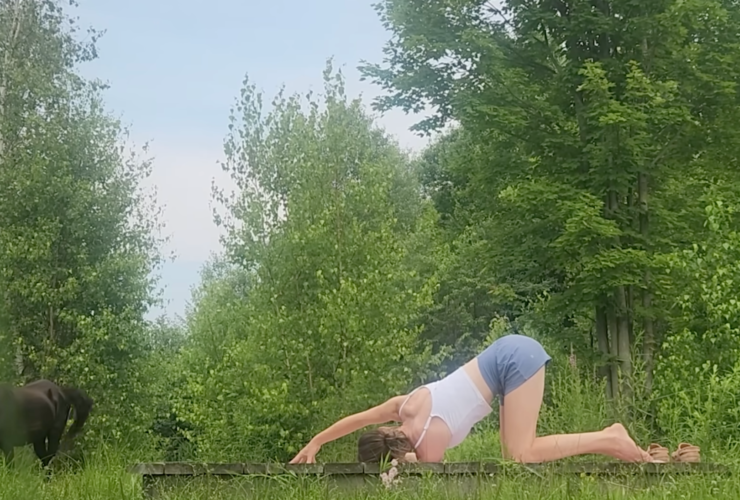 woman in thread the needle yoga pose on wooden platform outside in front of trees and horses
