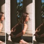 Woman practicing Marichyasana III outdoors.