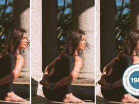 Woman practicing Marichyasana III outdoors.