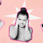 Collage photo illustration of a woman with her hands on her ears surrounded by cell phone notifications of influencers talking about "the one thing."