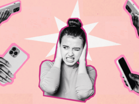 Collage photo illustration of a woman with her hands on her ears surrounded by cell phone notifications of influencers talking about "the one thing."